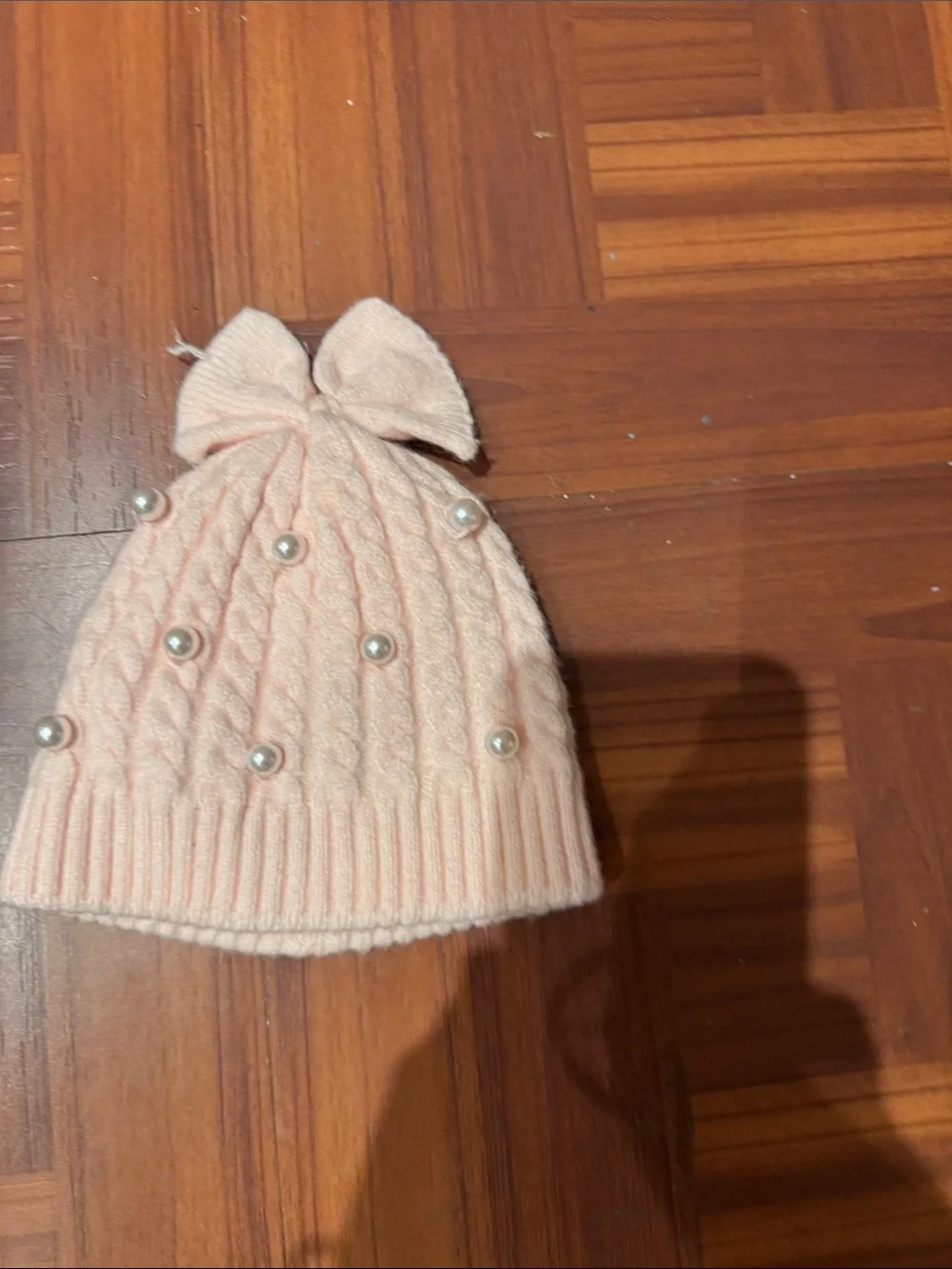 Kids Bow Knit Beanie with Pearls - Pink